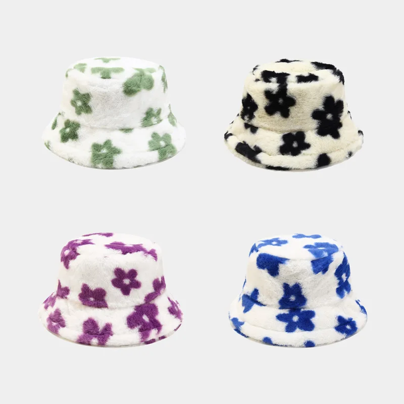 K1913 Winter Flower Bucket Hat Women Fashion Faux Fur Hats Reversible Bob Chapeau Femme Panama Fluffy Fisherman Hat