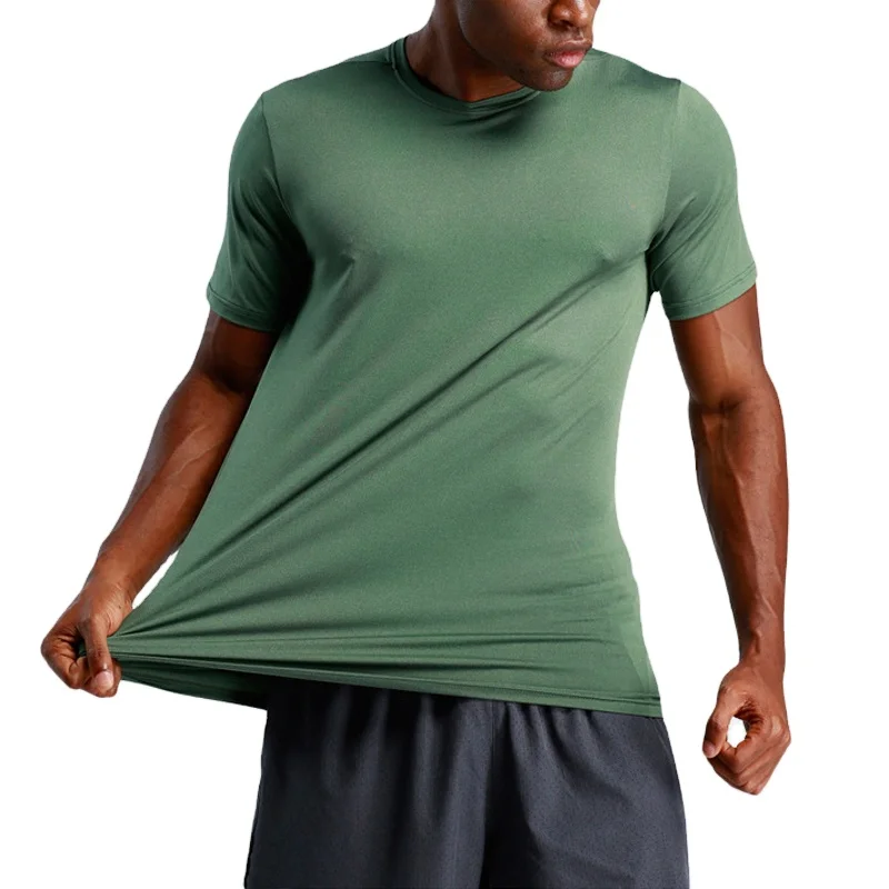 Gym T-shirt Cotton Spandex Material Tight Rib Collar Fitted Cuffs Green Active Crew Neck Tee