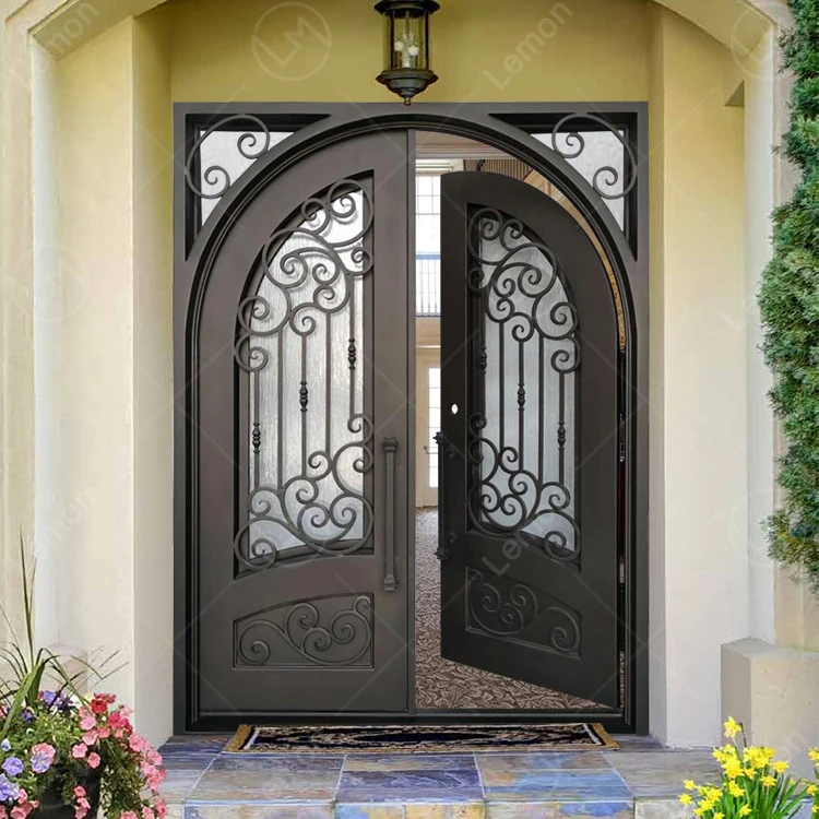 Hot Sell Modern Interior Main Door Iron Front Design External Security Wrought Iron Front Entry Arched Doors For House