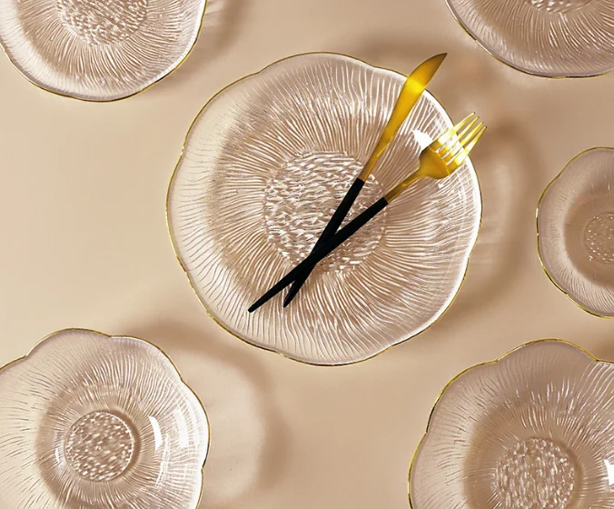 Modern simple glass bowl household bowl full set of wholesale living room fruit plate glacial pattern dessert vegetable salad bo