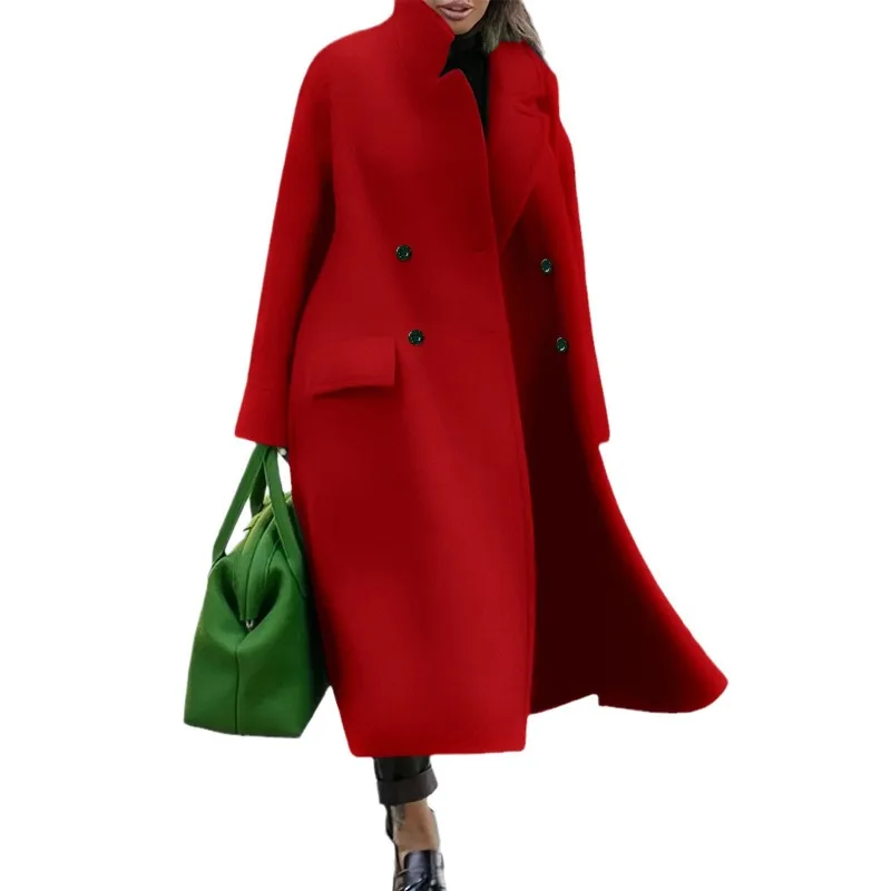 The New Hepburn Style Red Woolen Coat for Women Autumn and Winter Fat Mm Loose Long Thick Woolen Coat