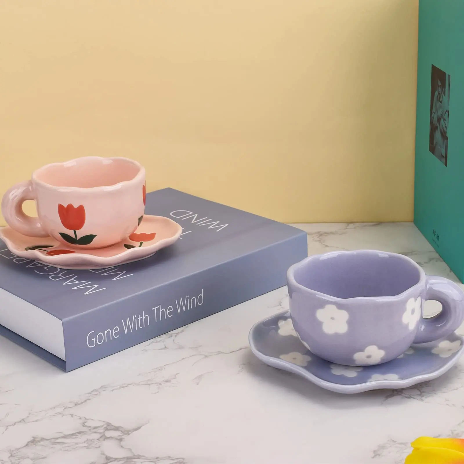 Ins Style Ceramic Hand Kneaded Coffee Cup and Saucer Set Irregular Saucer Cups for Office and Home