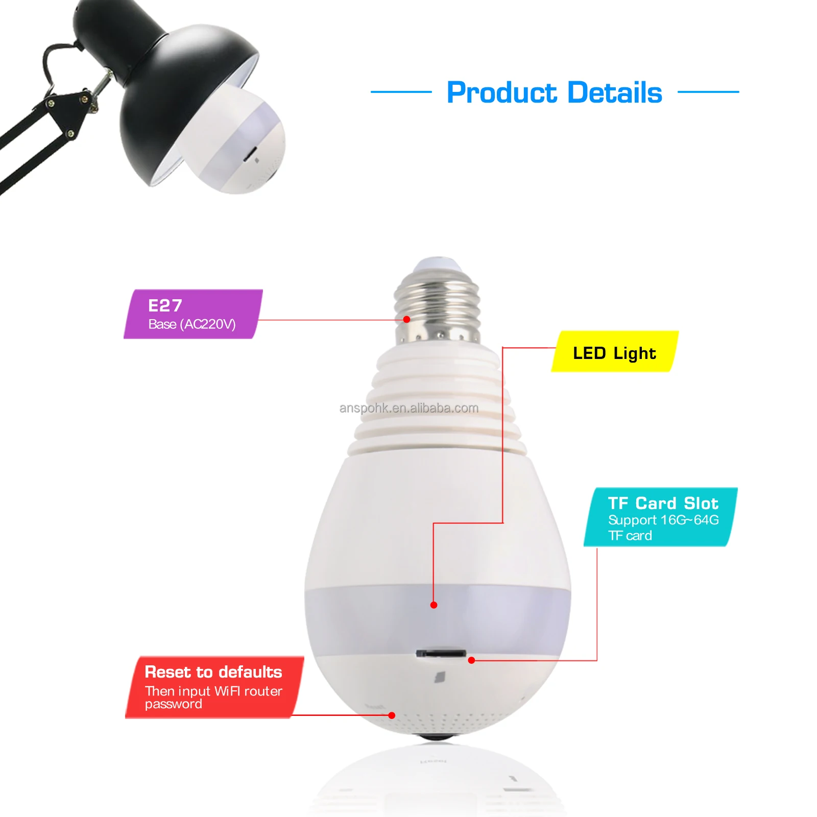 Anspo 1080p wifi camera E27 Light Bulb 360 Degrees 2.0MP Smart Wireless IP security Camera Panoramic Fisheye Bulb Light Camera