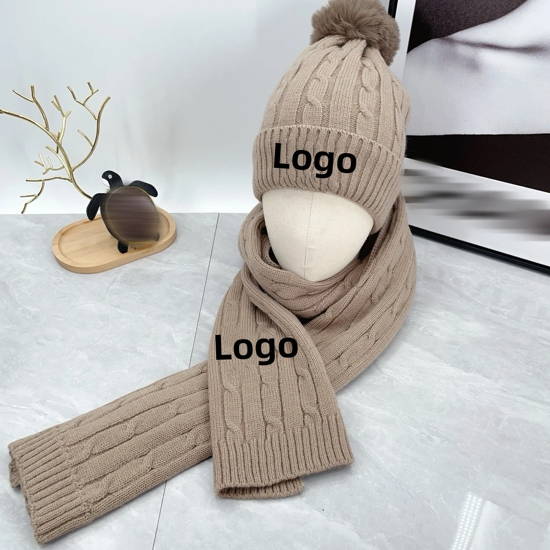 Wholesale designer hats winter fashion wool knit brand beanie and scarf set for women