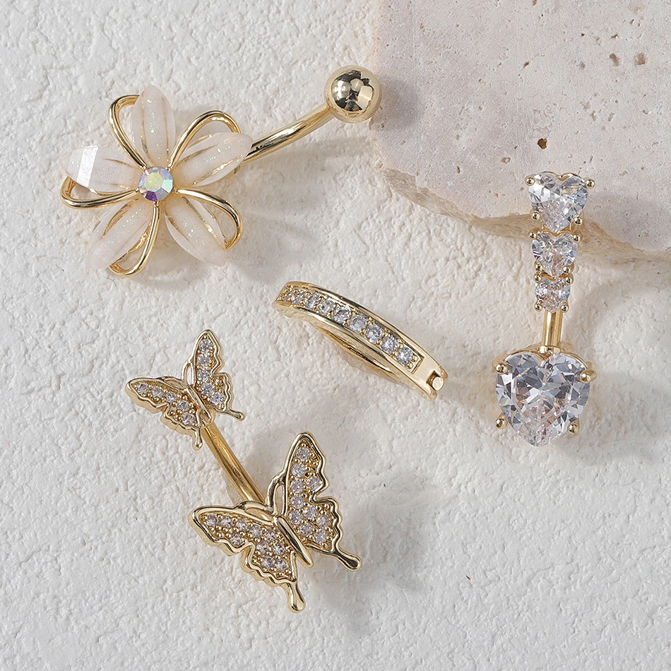 316L Stainless Steel Belly Button Rings Butterfly Flower Curved Barbell Crystal CZ Navel Rings Body Piercing Jewelry