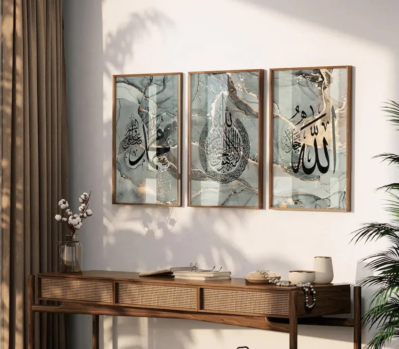 Islamic wall art triptych Arabic script crystal porcelain glass decorative painting for living room and hotel decoration