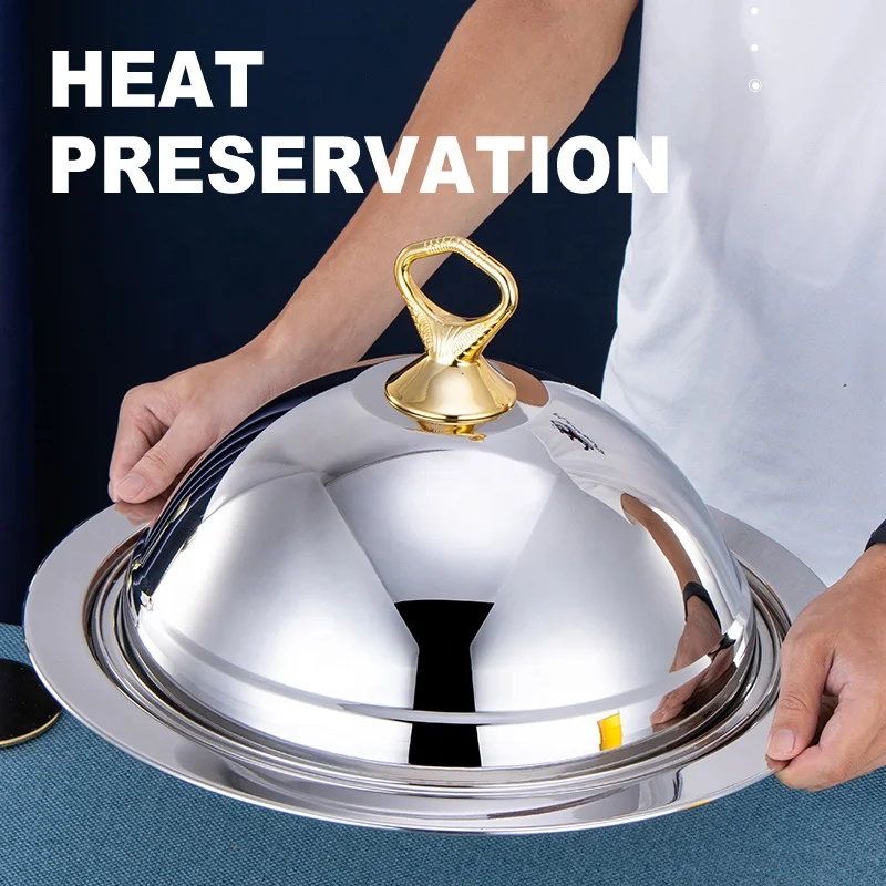 Wholesale luxury  food plate with lid dinner platter with cover  stainless steel serving serving tray with dome cover