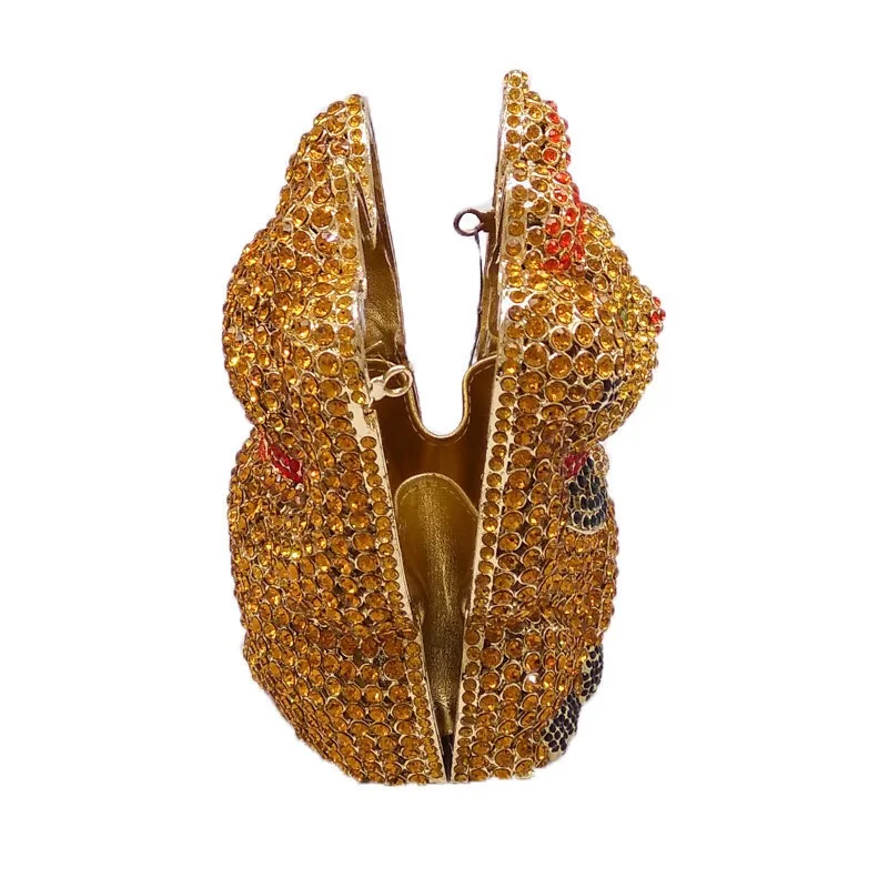 New Design Good Quality Wedding Bridal Sparkle 3D Cat Animal Clutch Bags Hardcase Full Crystal Bag Rhinestone HandBag