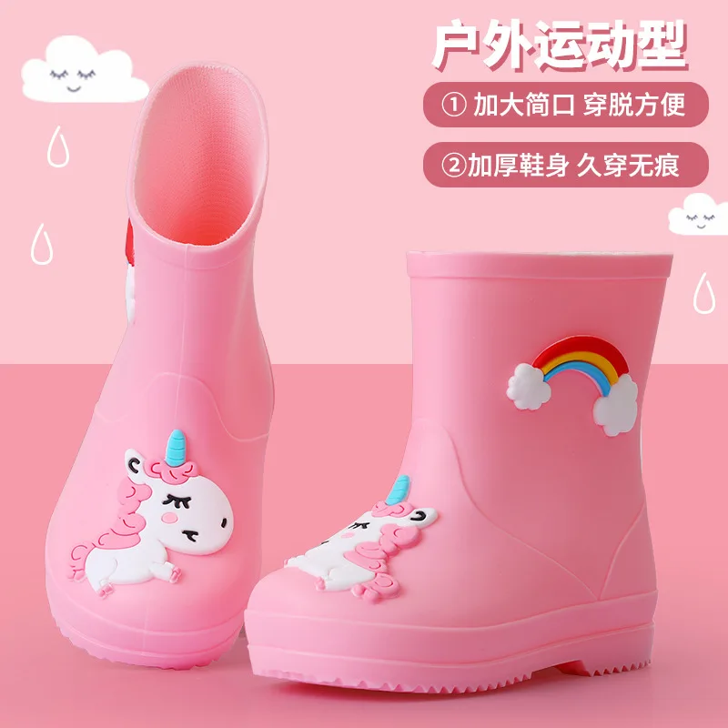 New Fashion Cute Kids Rain Boots Rubber PVC Warm Children Waterproof Shoes Cartoon Unicorn Removable Cotton Cover Non-slip