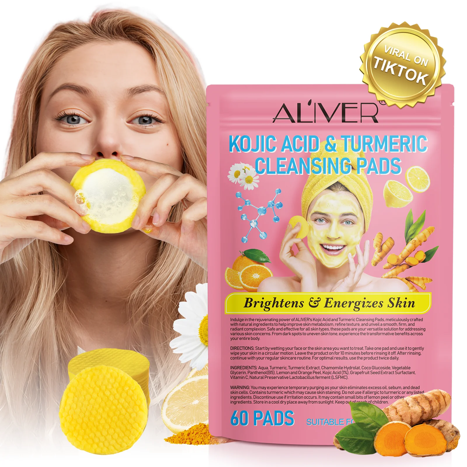 ALIVER 60 Counts Skin Brightening Face Exfoliating Disposable Cotton Pads Kojic Acid Turmeric Cleansing Pads For Face Cleaner