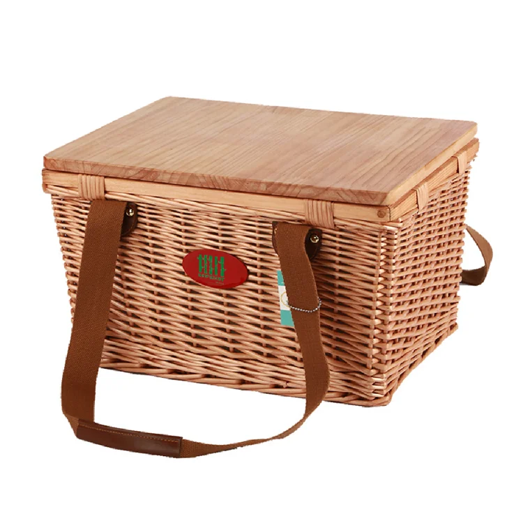Wholesale OEM outdoor Camping handmade wooden basket rattan basket picnic basket with wood lid square shape