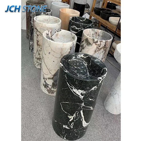 black marble stone pedestal shampoo sinks cylindrical washbasin free standing art wash basin