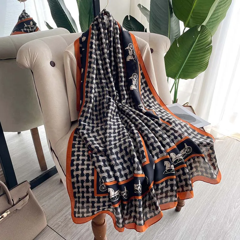 2022 Luxury Designer High Quality Large Silk Satin Shawl Beach Scarfs Hijab Long Horse Carriage Silk Scarf