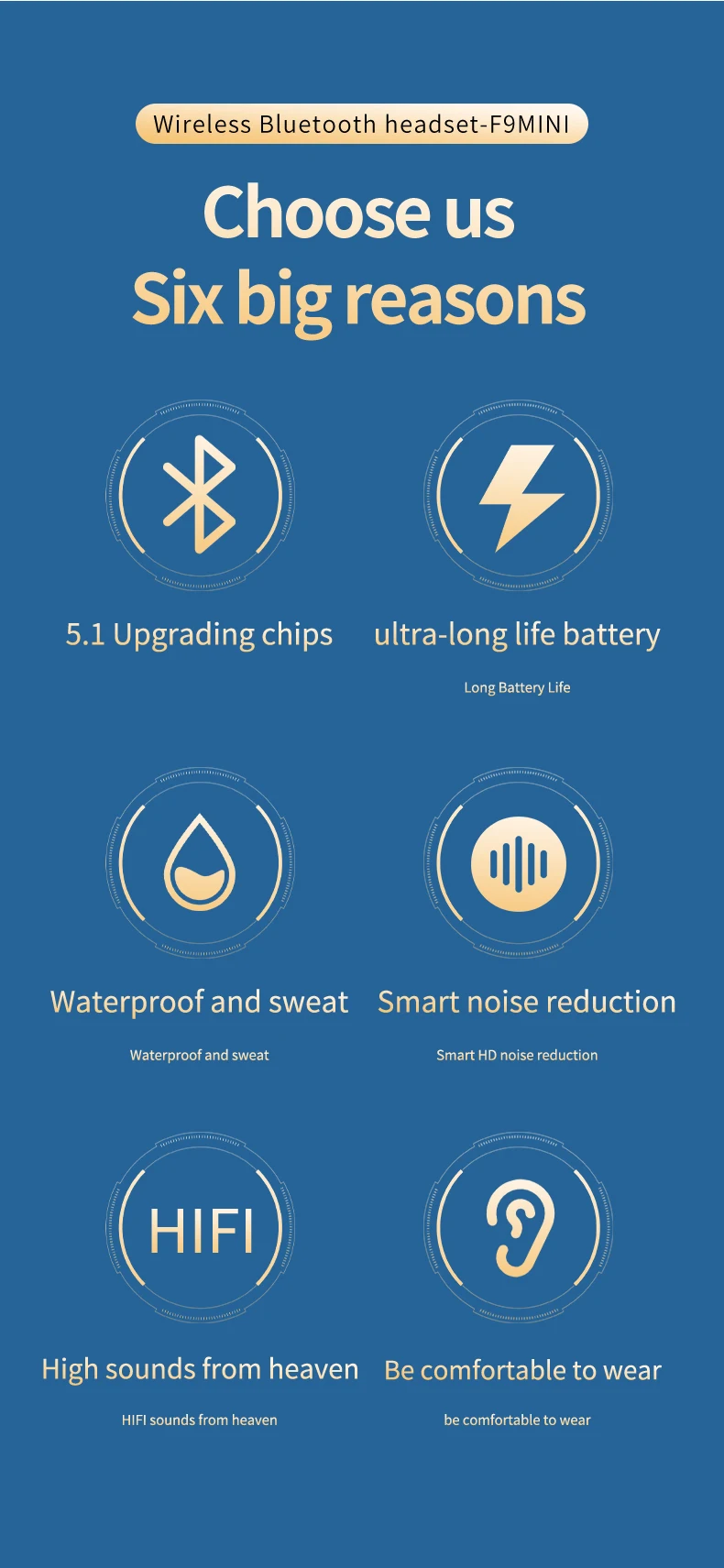 F9 Mini TWS Bluetooth Wireless Headphones with Mics Sport Waterproof TWS Earphones Touch Control Music Earbuds Mini Flashlight