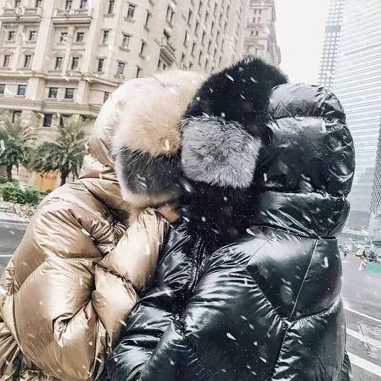 Winter Women Reversible Glossy Gold Silver Boxy Crop Parka Puff Jacket Ladies Short Fox Fur Collar Bubble Down Coats