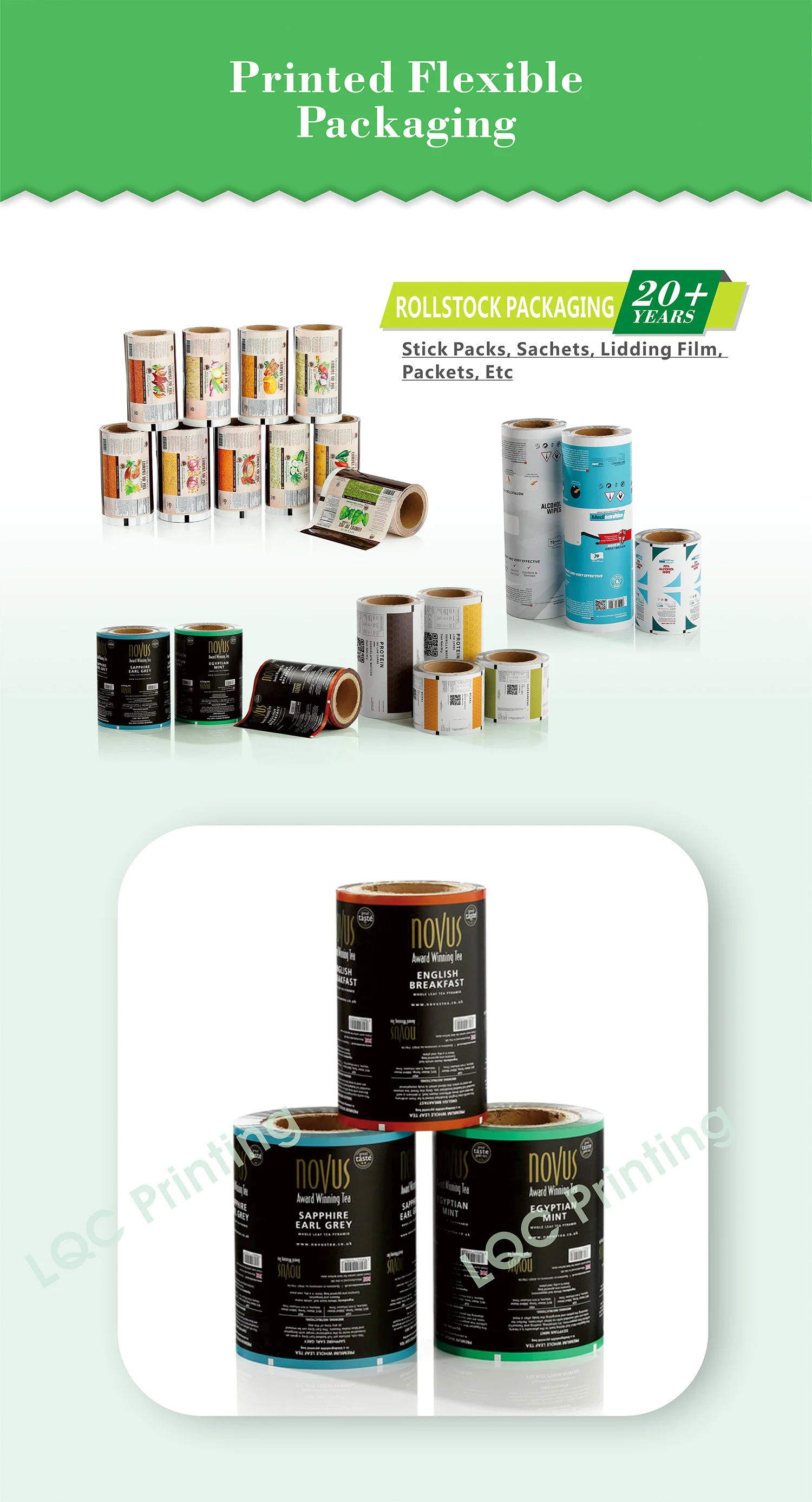 Custom print flexible food packaging film for vertical form fill seal VFFS thermoforming flow wrap pouch machines HFFS rollstock