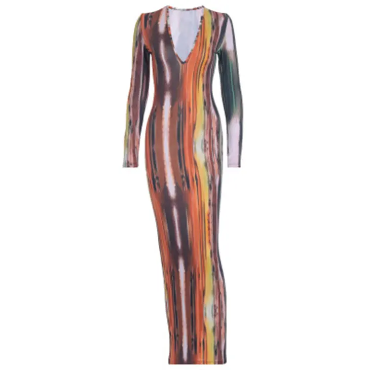 
Latest Design High Quality Autumn Winter Colorful Printed Ladies Party Dresses Long Sleeve Bodycon Casual Maxi Dress for Women 