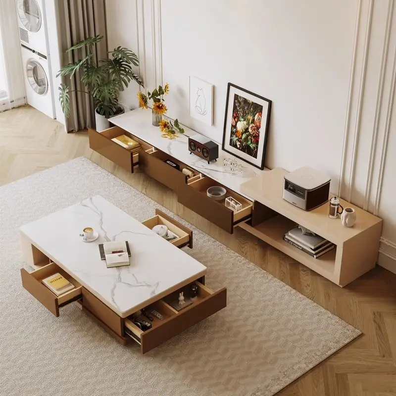 Living Room Furniture Light Luxury Rectangle coffee Table Slab TV Cabinet TV Stand Combination set for Small Apartment