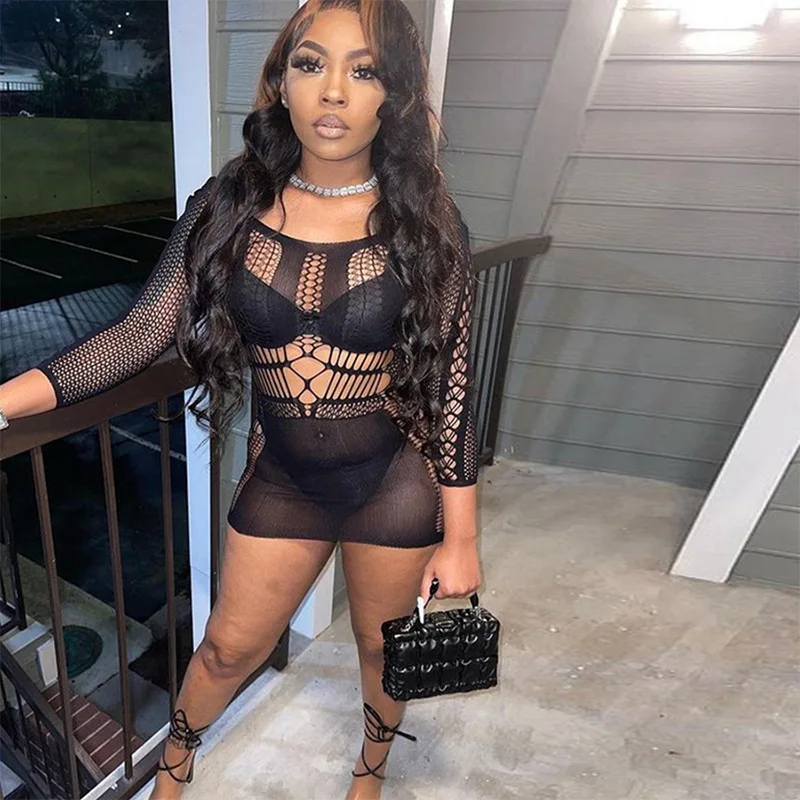 2023 Hot Selling Summer See Through Black Mesh Dress Sexy Slim Long Sleeve Transparent Mesh Mini Dress women Club Dress