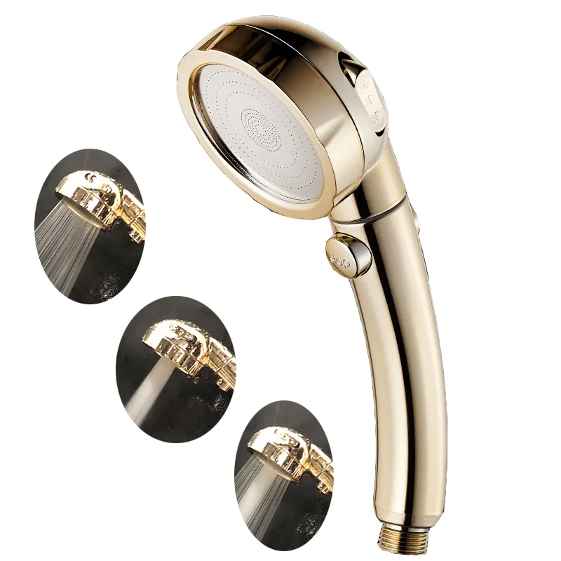 Luxury Golden Three Functions Water Saving Massage Handheld High Pressure Shower Head with Water Stop Button