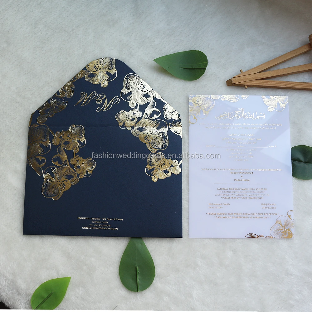 Modern Chinese Elegant Blue White Orchid Acrylic Wedding Invitations with Hot Foil and white acrylic cards with gold text