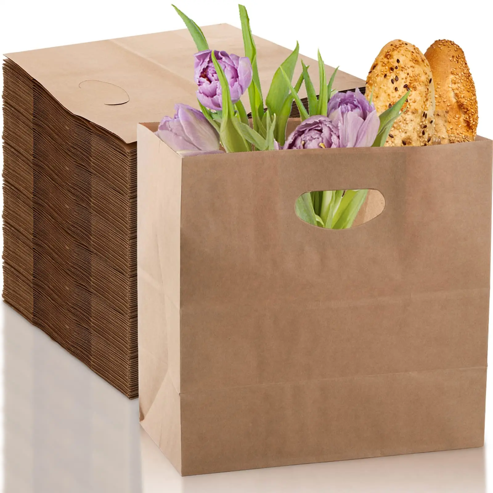 Custom Your Own Logo Print Carry out Restaurant Biodegradable Kraft Fast Food Takeaway Paper Bag with Handle