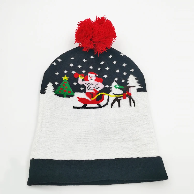 Wholesale funny novelty Christmas hat with pompom Custom hat Santa Claus pattern