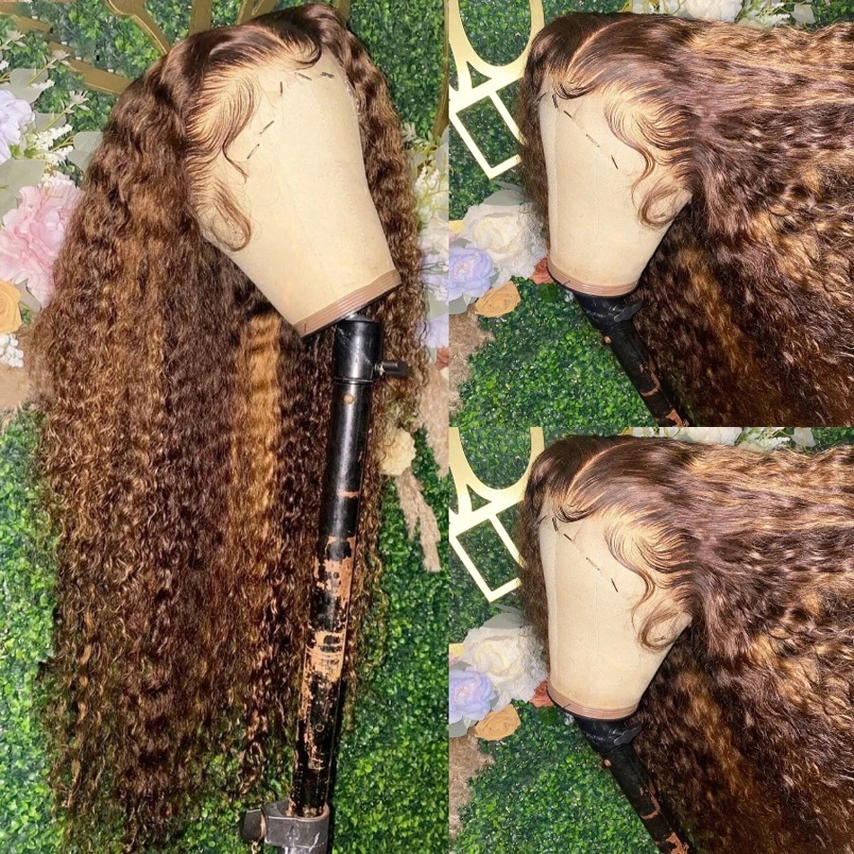 ADDITIVE Cheap Price Highlight Ombre Hair Lace Front Wig Curly Wigs Honey Blonde Colored T-part Frontal Wigs For Black Women