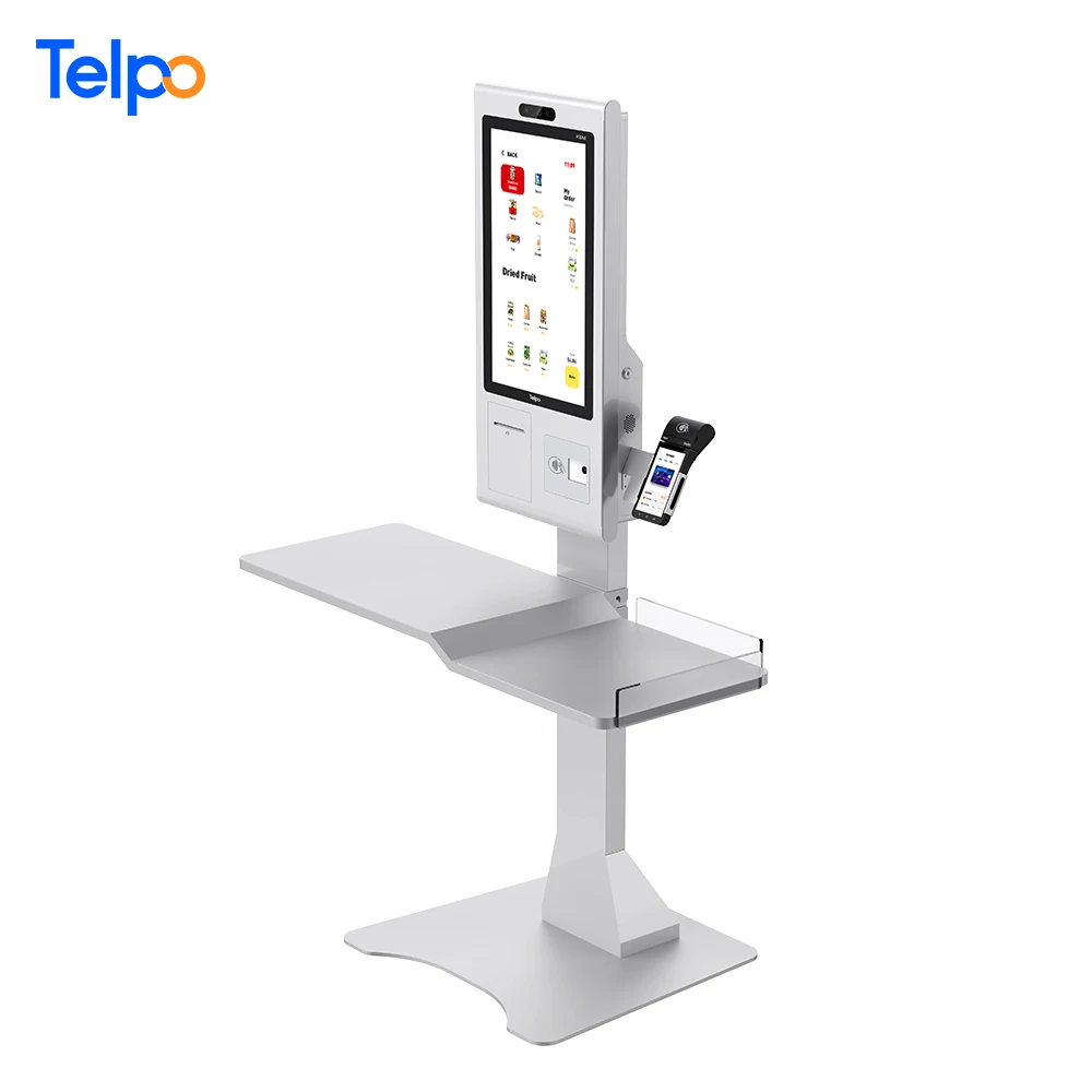 grocery store rfid QR code scanner automated cashier self checkout kiosk with counter desk