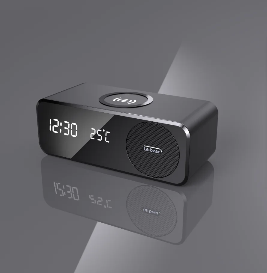 OEM ODM 4 in 1 BT 5.1 Mini Wood Speaker Super Bass Portable Wireless charger lamp speaker with alarm clock