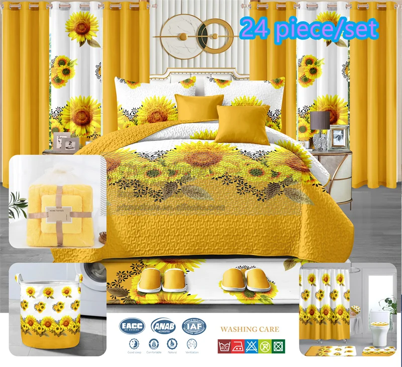 New Stock 24 Pieces Bedding Set king Size Christmas Red Green Home Decoration Bed Sheet Bedding Set 24 Pieces with Curtains