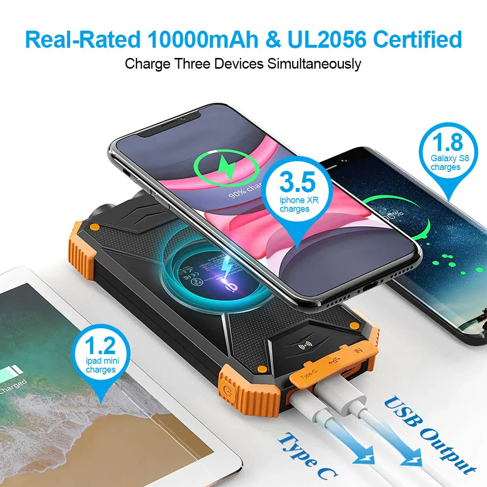 Outdoor wireless charging 10000mAh Dual USb Solar Powerbanks mobile portable solar chargers With Bright Flashlight