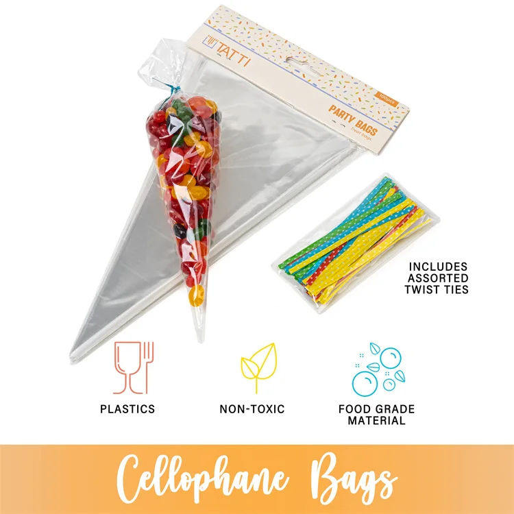 Wholesale Clear Plastic Triangle Cone Shaped Cellophane Candy Cello Treat Bags with Twist Ties for Popcorn Party Favor