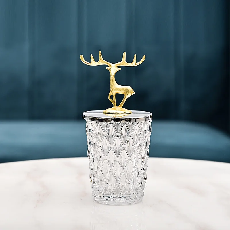 North European and American style metal deer head crystal glass decoration candy storage box food container cheap glass jars