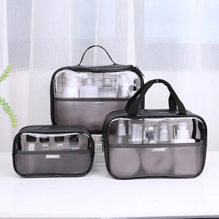 Newest waterproof PVC square transparent makeup cosmetic bag set for travel
