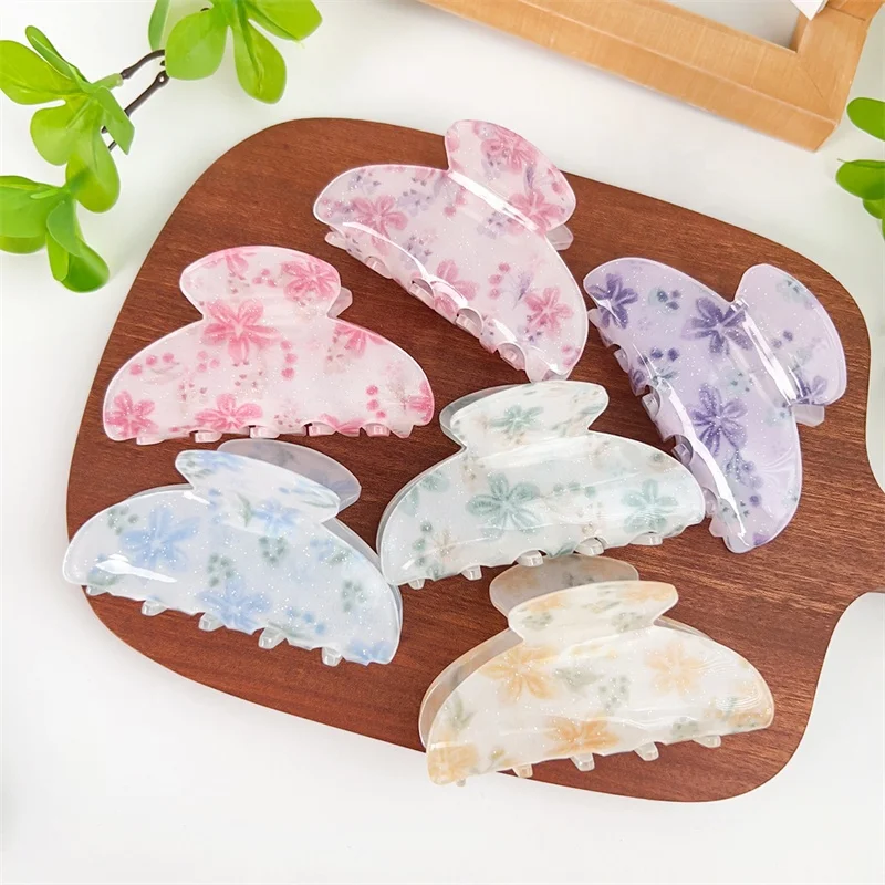 Korean Flower Printed Style Acrylic Sheet Printing Hair Claw for Women ladies Fashion Crab Shaped Hair Clip Clamps Hair Jewelry