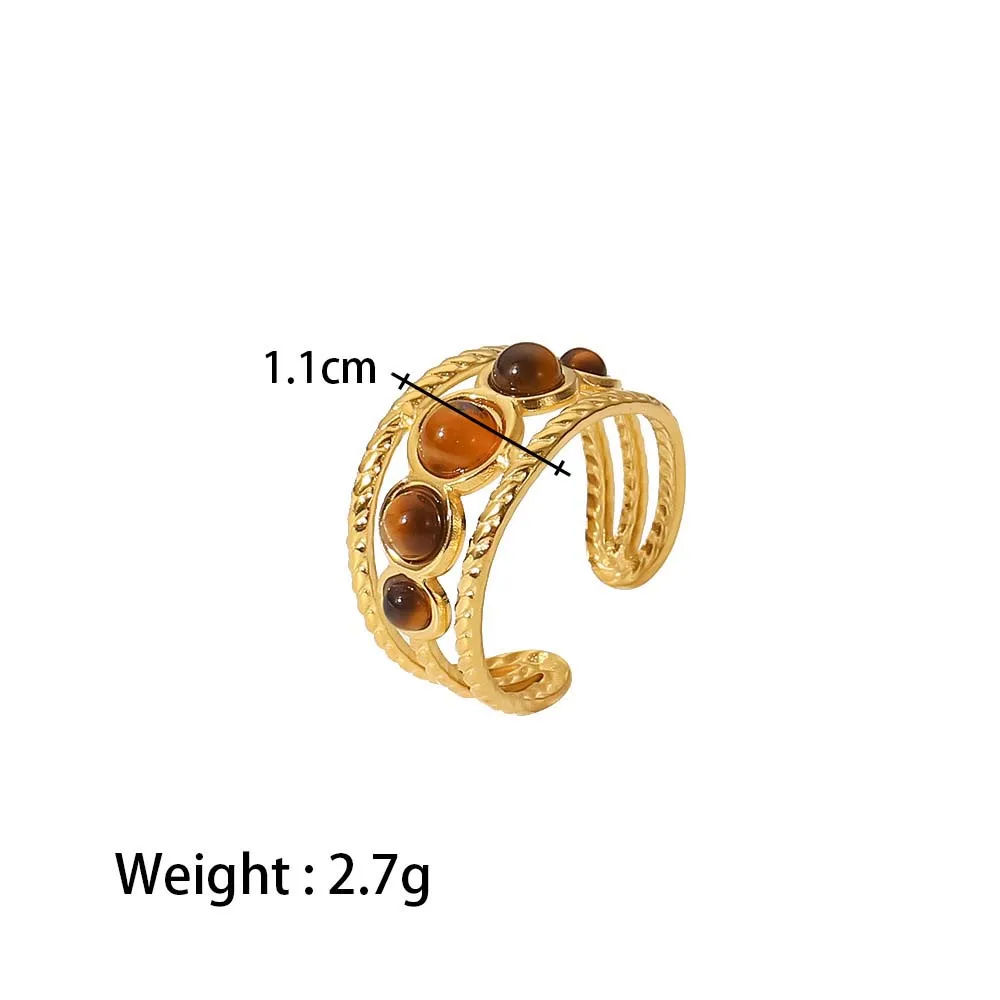 Finger ring three layers five stones natural round tiger eye gold plated adjustable stainless steel rings