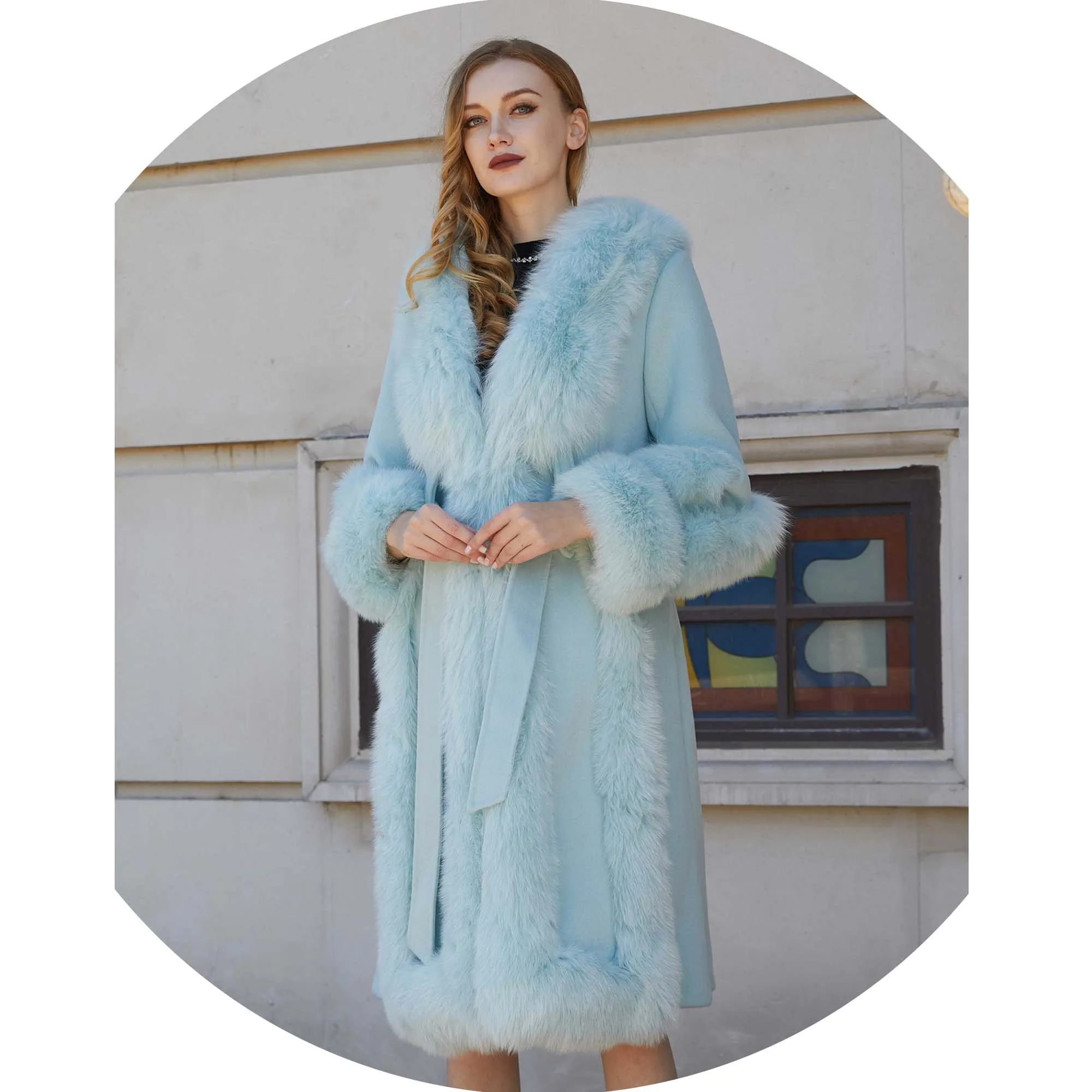 Elegant Style Super Large Ladies Fox Fur Collar Doubleface Cashmere Winter Wool Coat