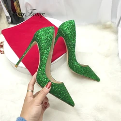 Hot selling green Glitter heels ladies shoes heel elegant Closed toe women stilettos  party Wedding shoes bridal heels size 43