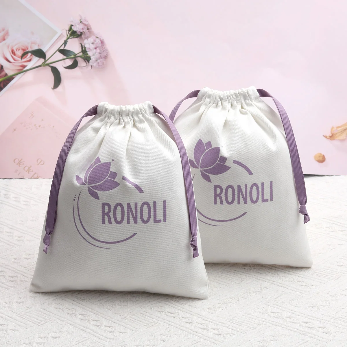 Custom Logo Printed White Cotton Twill Shoe Storage Drawstring Bag Soild Cotton Gift Hat Handbag Dust Bag