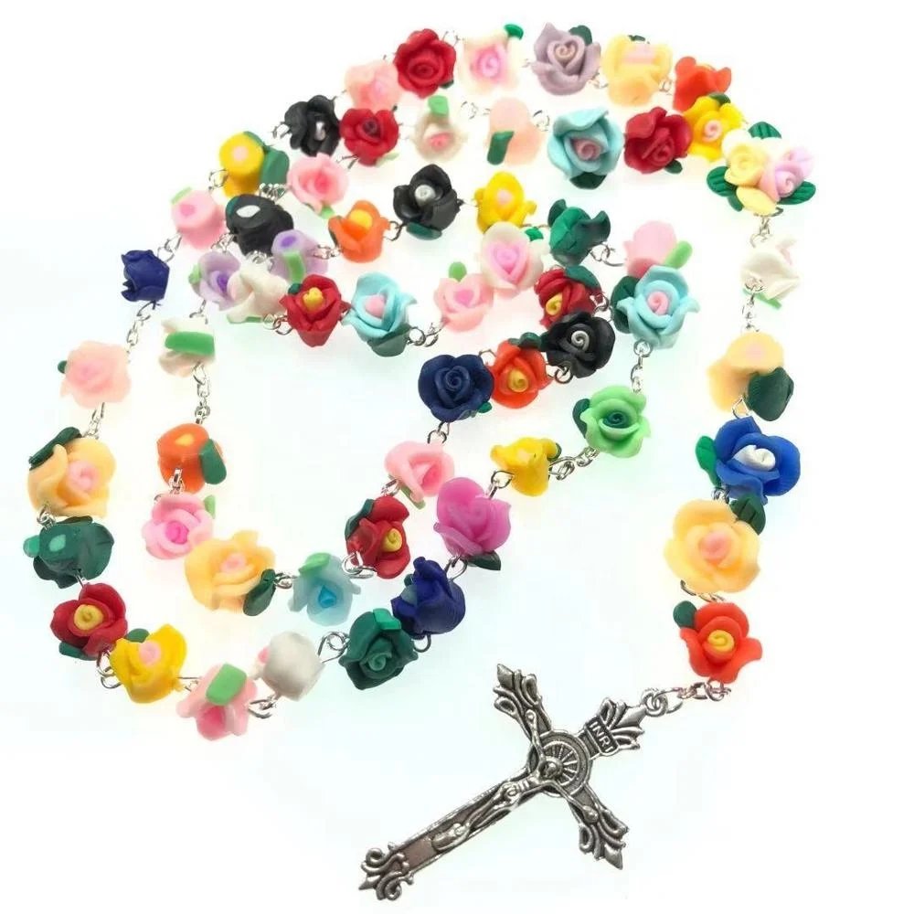 Candy bright colorful Soft Ceramic beads rose flower rosary catholic crucifix Necklace