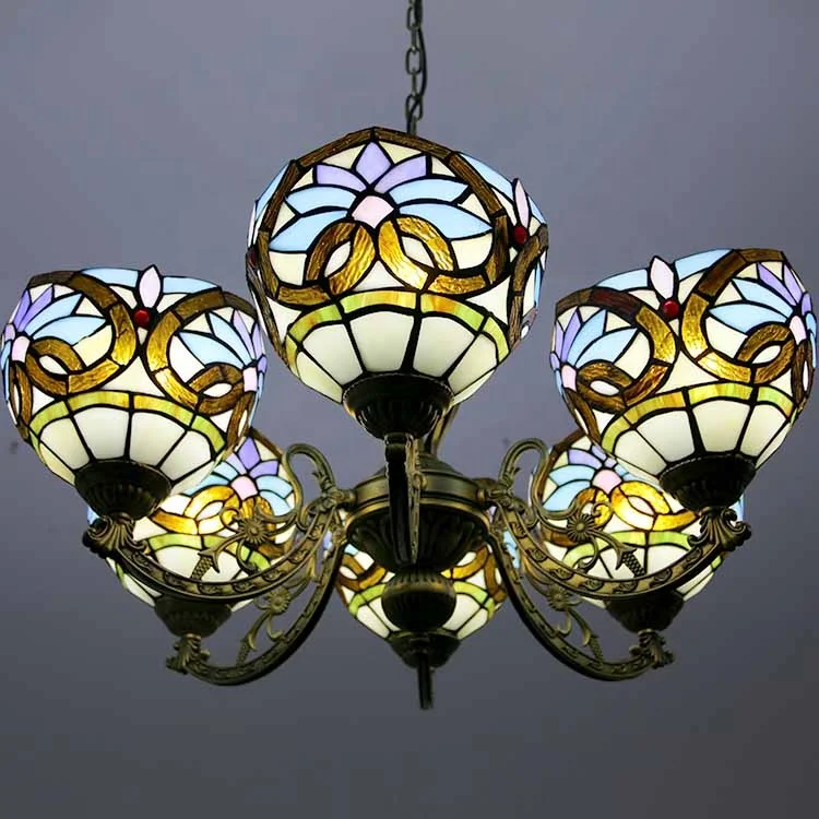 LongHuiJing 110V-120V 6 Lights Pendant Light Tiffany Stained Glass Love Patterned Chandelier Lighting Fixtures