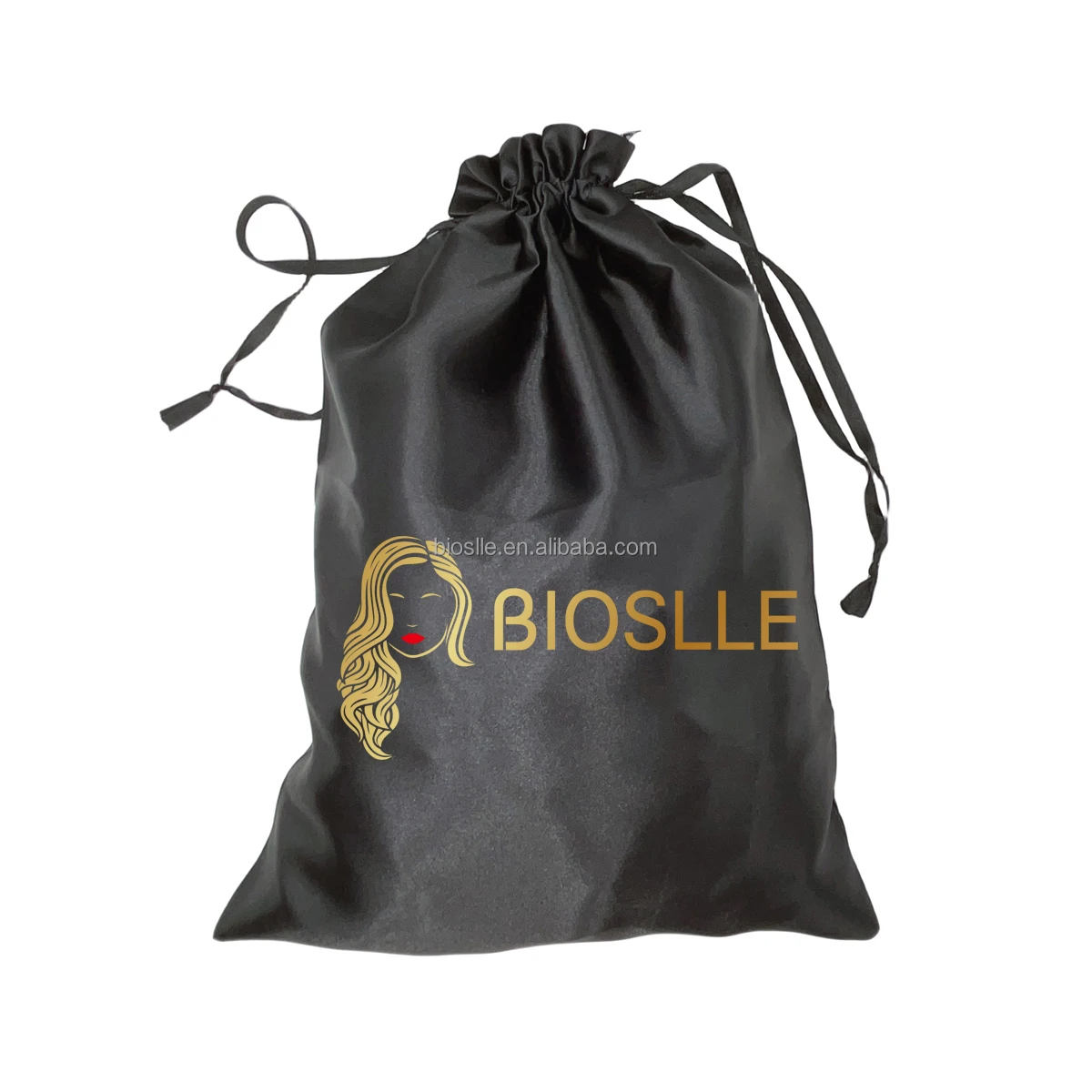Custom Logo Human Hair Extension Storage Pouches Wig Packaging Bags Black Satin Drawstring for Bundles
