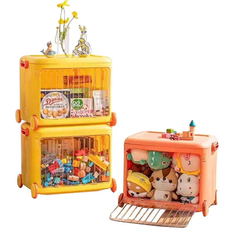 High Quality Large Collapsible Front Open Plastic Kids Toys Storage Box with Wheels Colorful Portable Trolley Organizer Box