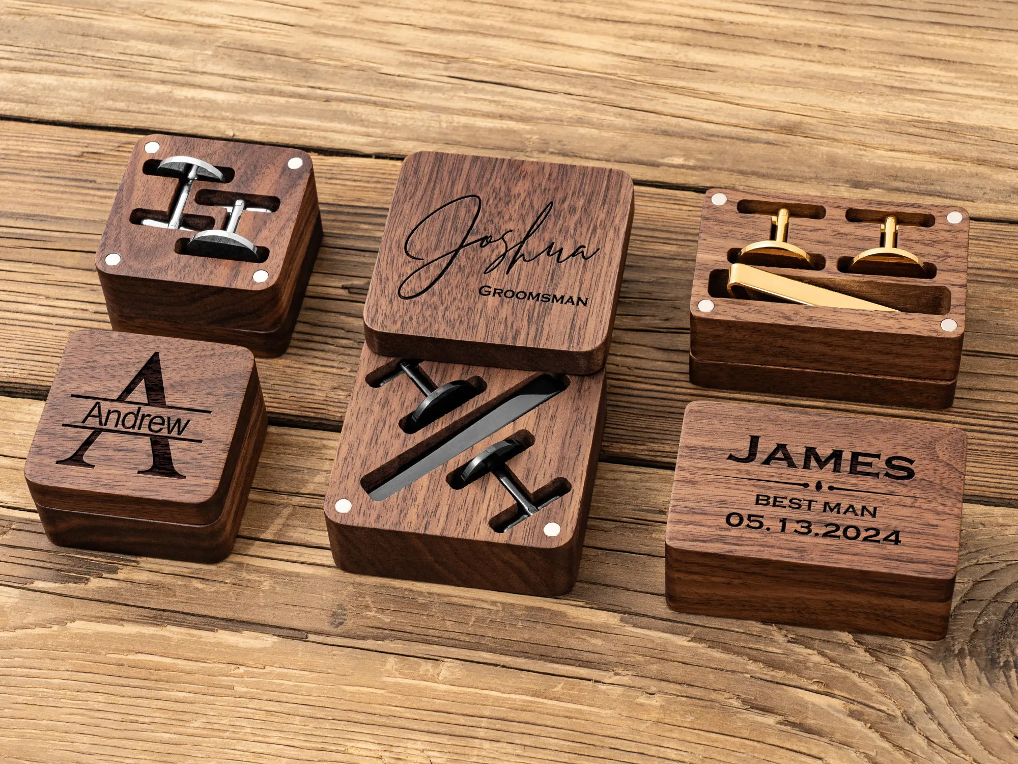 Personalized Wood Craft Wedding Tie Clip Set Best Man & Groomsmen Proposal Gifts for Husband Customized Cufflinks & Wooden Boxes