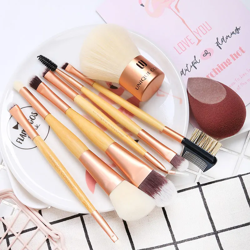 Private Label Makeup Tools Kit Flocking Beauty Sponge Blender 8 Pcs Bamboo Makeup Brushes Set Blush Kabuki Brush