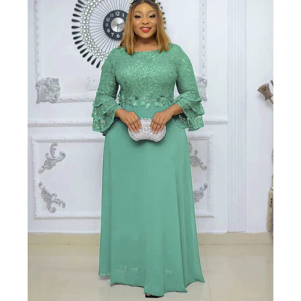 Style European and American Women Clothing Long Dress H & D New Round Neck Long Sleeve Mesh Stitching Solid Color Plus Size 1PCS