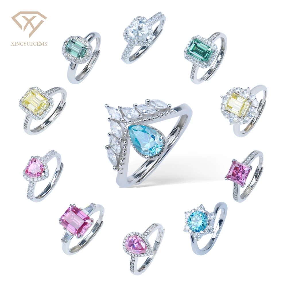 2024 new 925 silver engagement green yellow blue pink pear emerald princess heart diamond mossanite moissanite rings for women