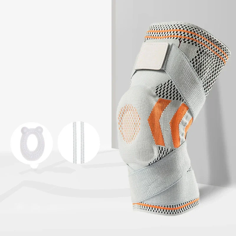 Compression Protection Patella Knee Silicone Pads Support Bar Grey Cross Straps 3D Knitted Elastic Knee Brace Sleeves