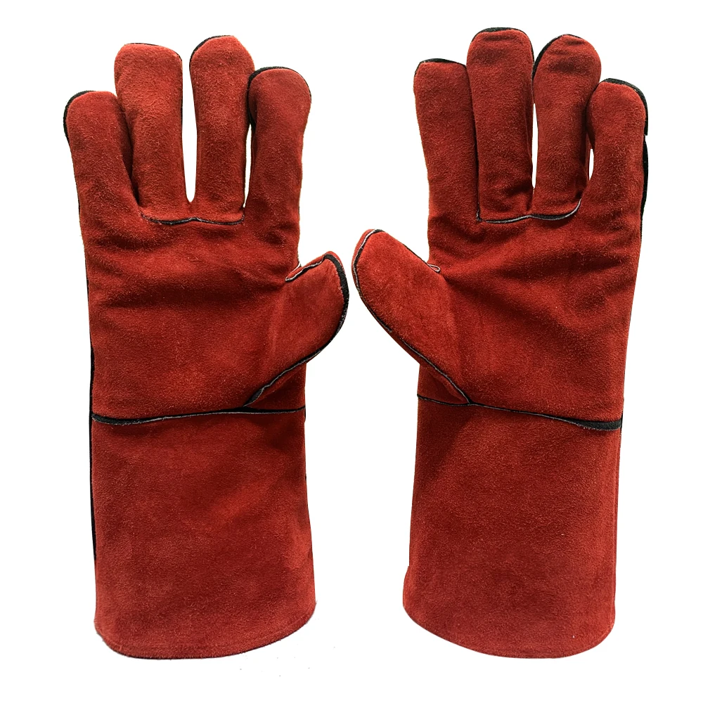 Factory sale Heat Resistant Red Leather Welding Gloves Long pattern Cow Skin Leather Safety Hand Gloves